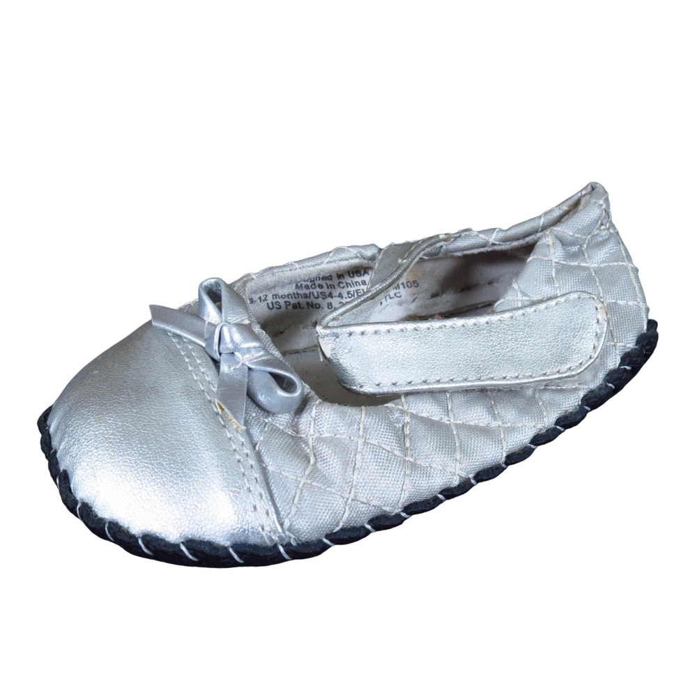 Pediped Originals Baby Girls Mary Jane Shoes Size 4-4.5‎ 6-12M Dressy Silver Bow
